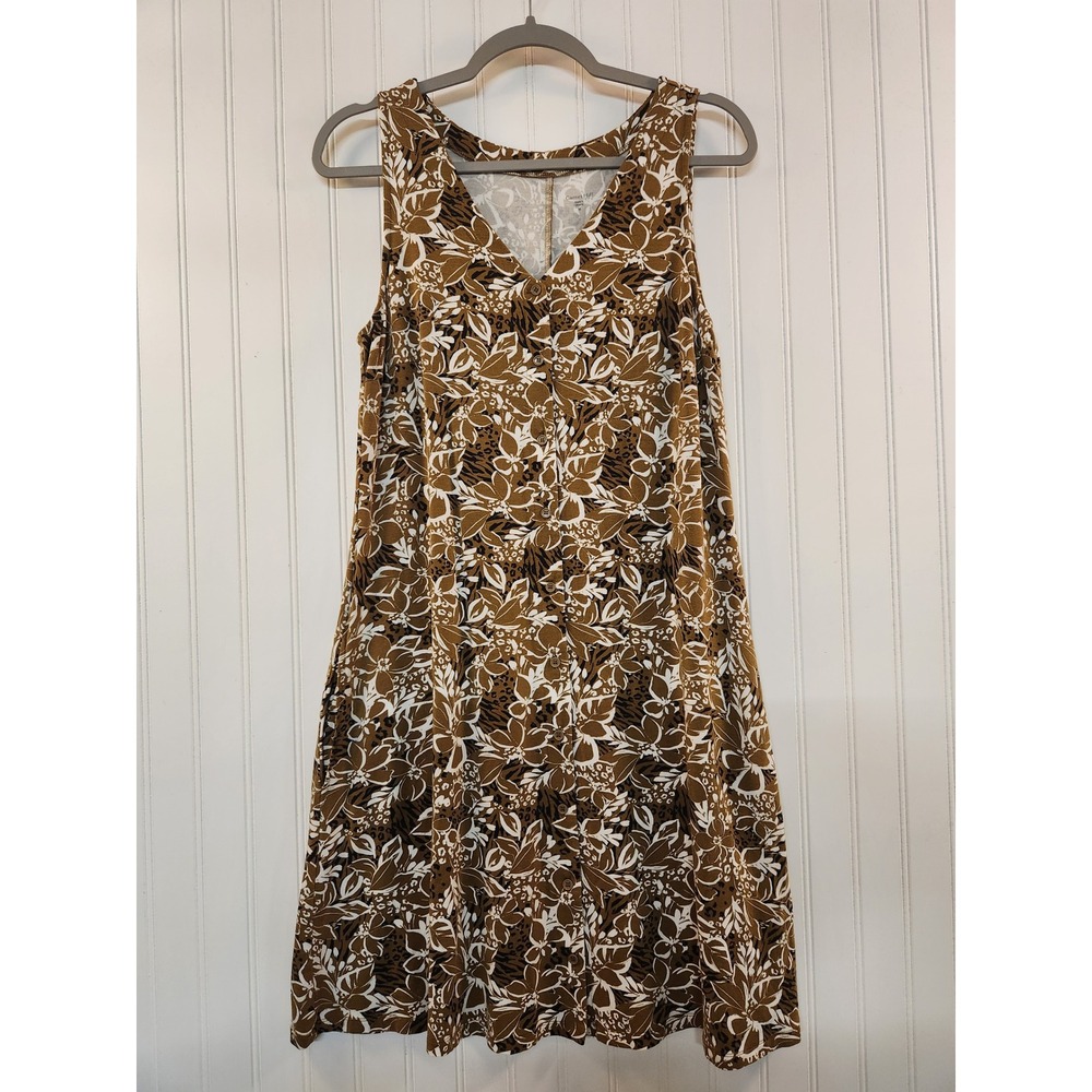 Garnet Hill Brown Floral Animal Print Sleeveless Button Up V-Neck Knit Dress